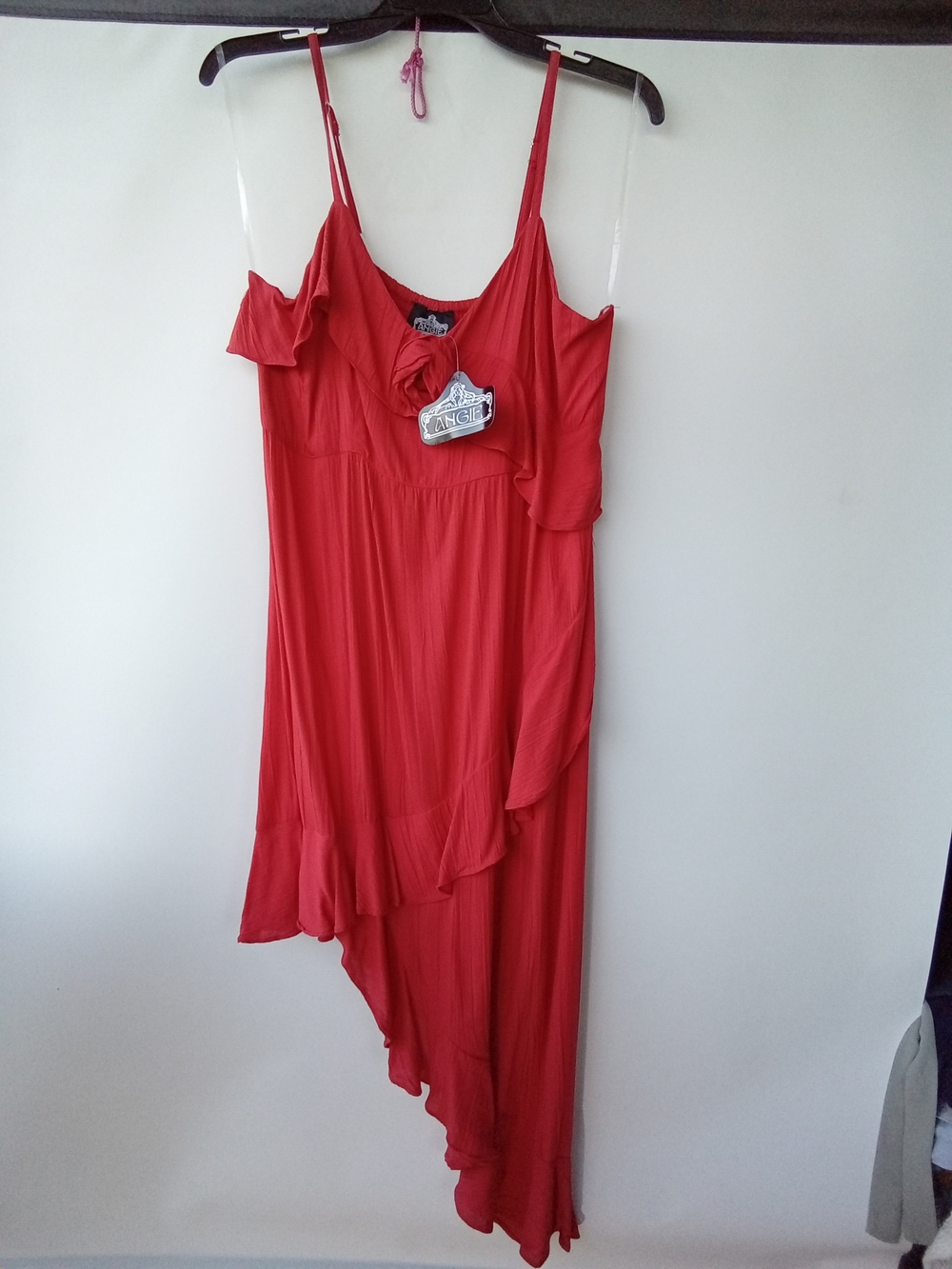 ANGIE Red Asymmetrical Ruffle Midi Dress Size L